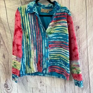 Vintage 90s Funky Print Tye Dye Button Up Colorful Women's Jacket Cotton Large